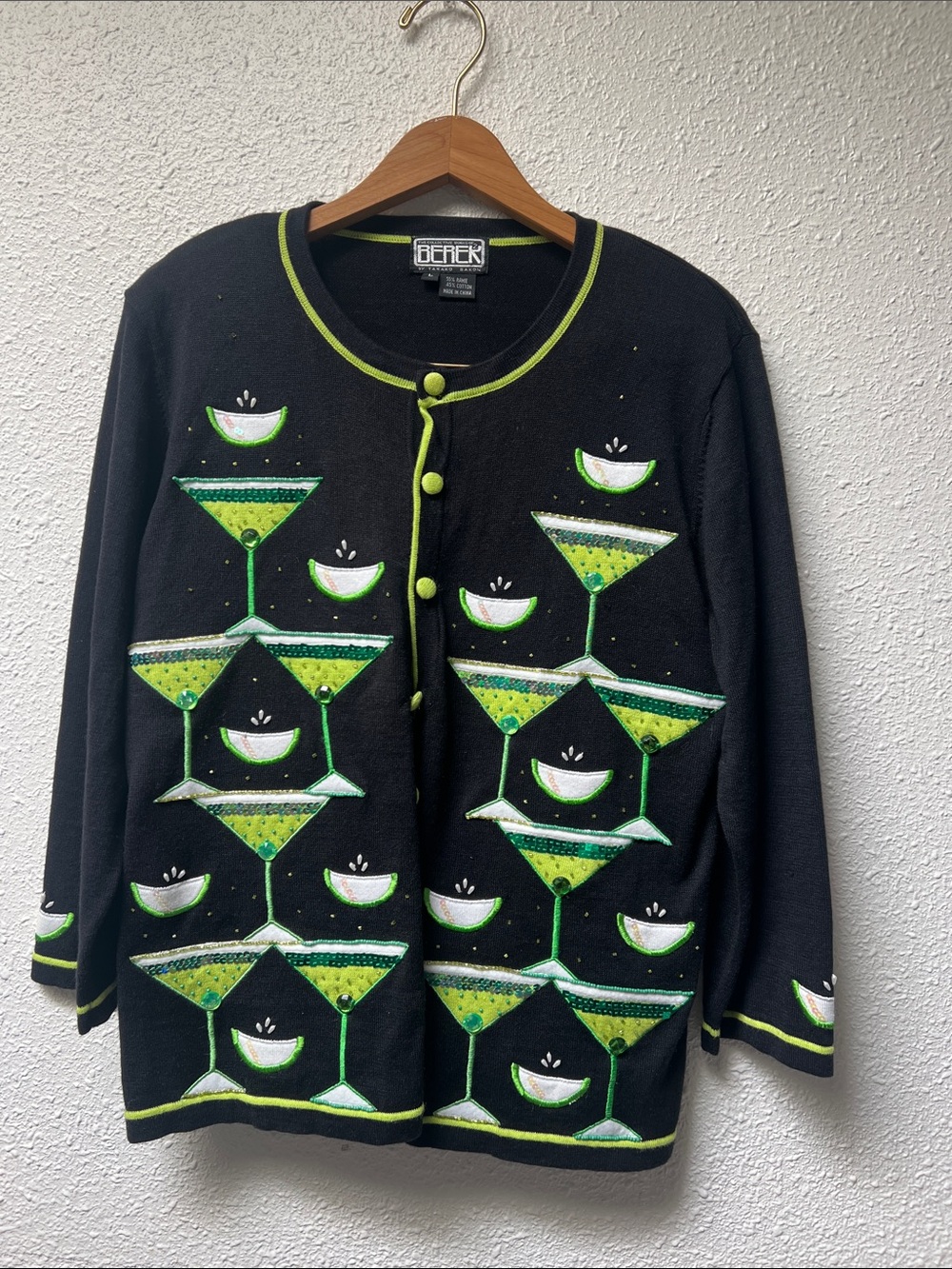 berek Black Cardigan with Lime Green Cocktail Glass Motif